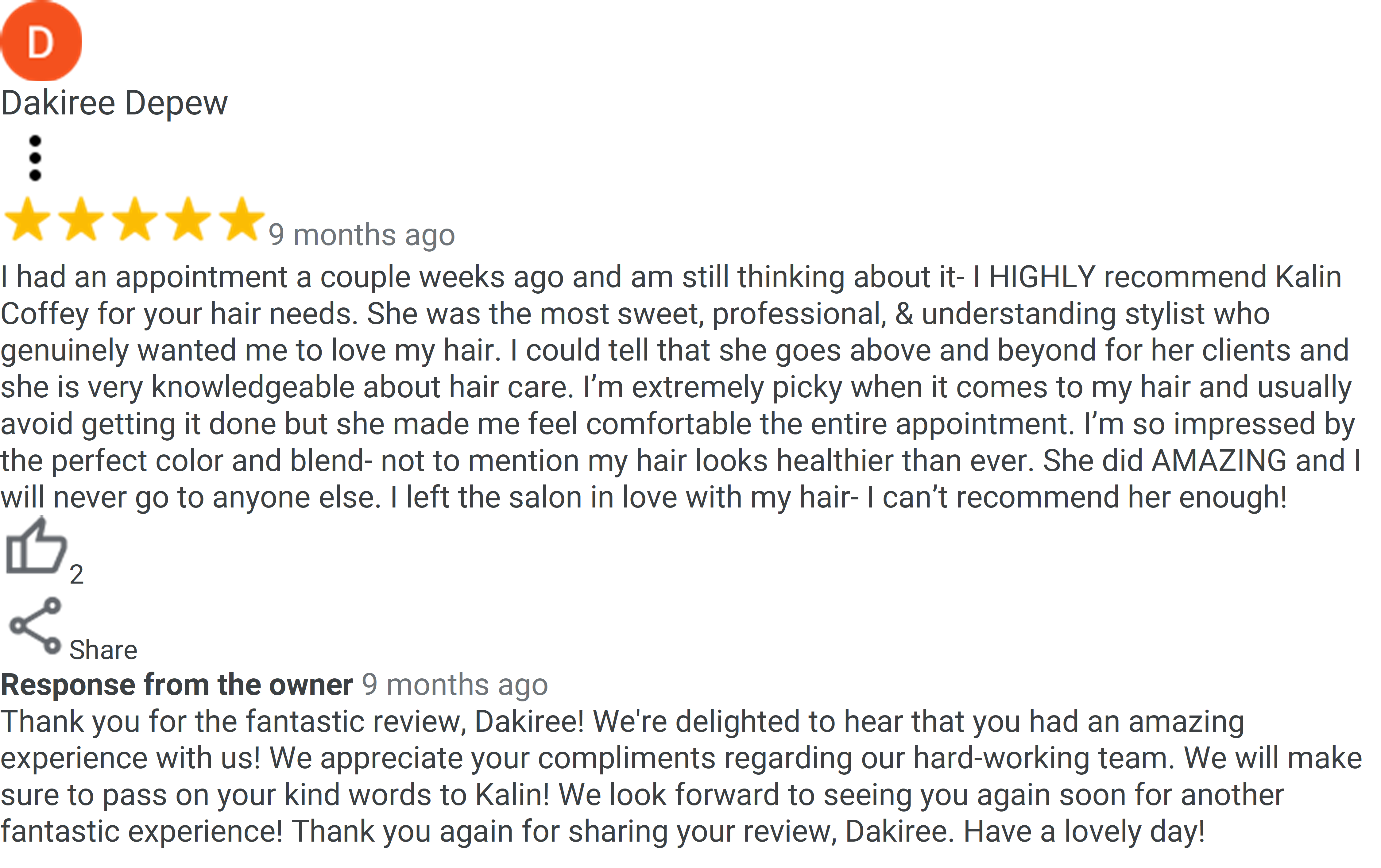 google my business salon customer review