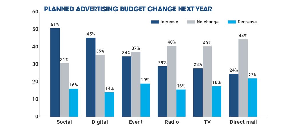 2027 local business budget change Grouped bar chart of planned advertising budget changes by channel. 51% of owners plan to increase social spend and 45% plan to increase digital, while 44% plan no change to direct mail.